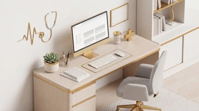 SEO für Zahnärzte – Isometrischer Arzt-Schreibtisch mit Monitor
