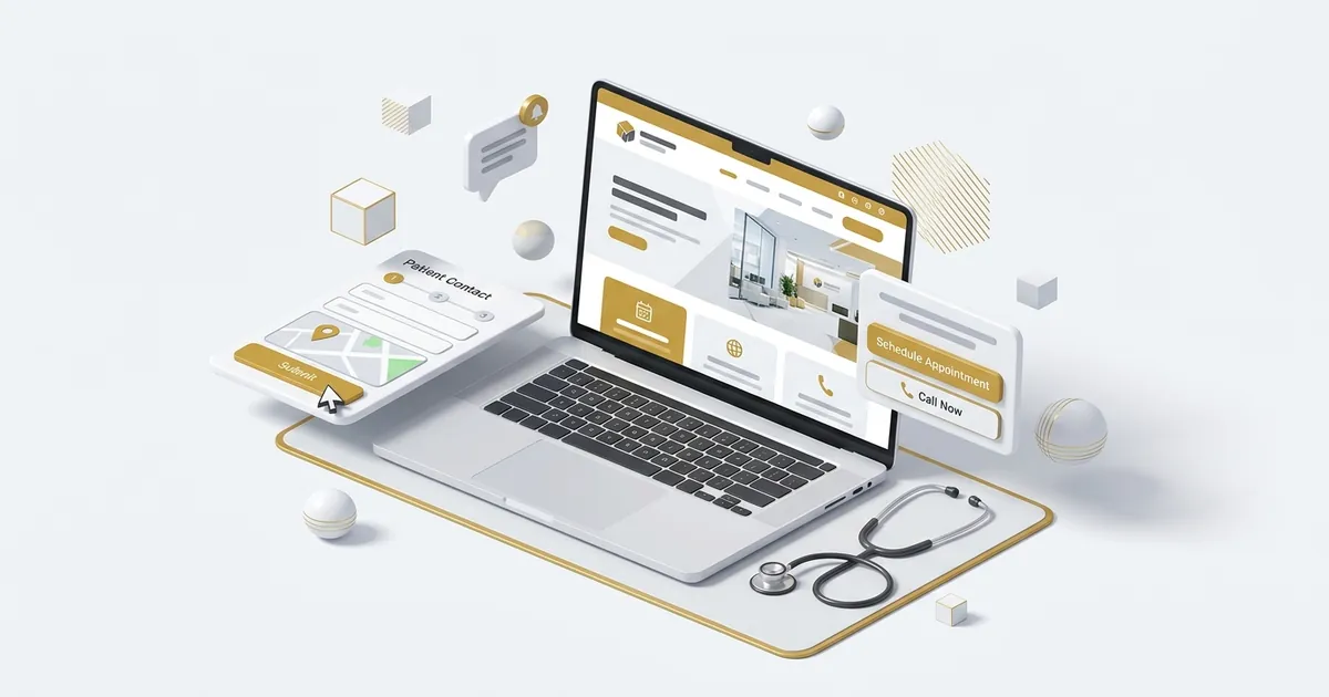 Website für Arztpraxis – isometrische Illustration mit Schreibtisch und digitalem Interface